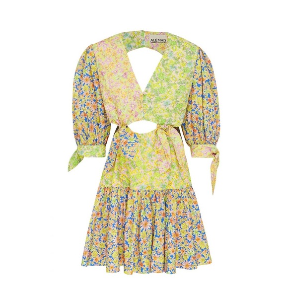 ALÉMAIS Floral Print Mini Dress Puff Sleeve Tie Cutout Backless Yellow US 10 - Picture 5 of 12